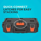 Tool Box Stackable Storage System - 3 Piece Set Small Deep Toolbox and Rolling Tote Steer Wheeled Unit Using The Ergonomic