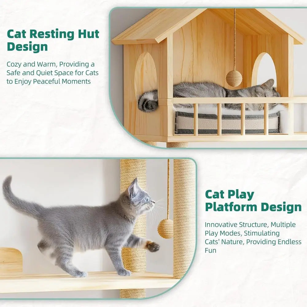 60.2 High Self-Cleaning Litter Box Cat Tree, Multi-Level Wooden Cat Tower with Scratching Post, House, Burlywood