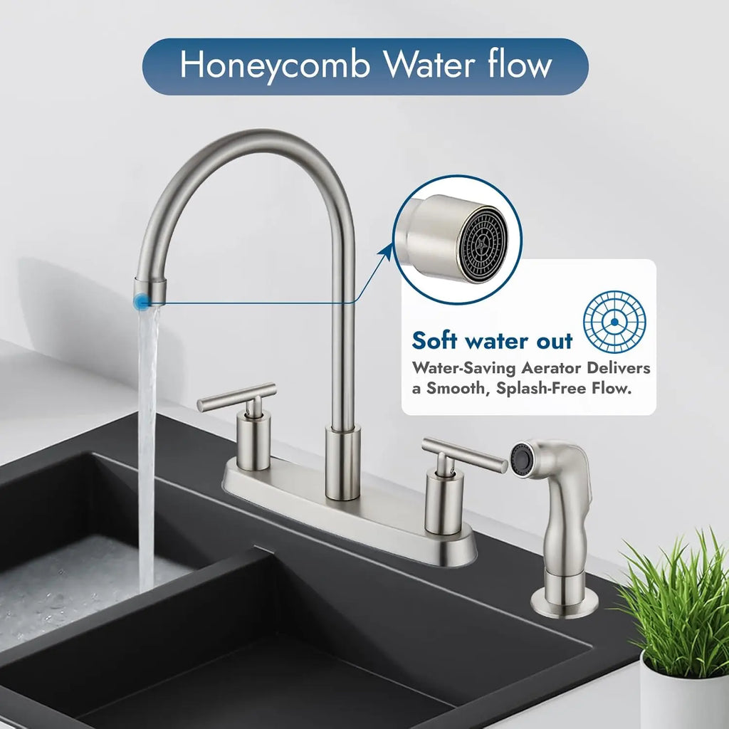 High Arc 360° Rotating Kitchen Faucet, 2-Handle, 8' Centerset, with Side Sprayer, Brushed Nickel