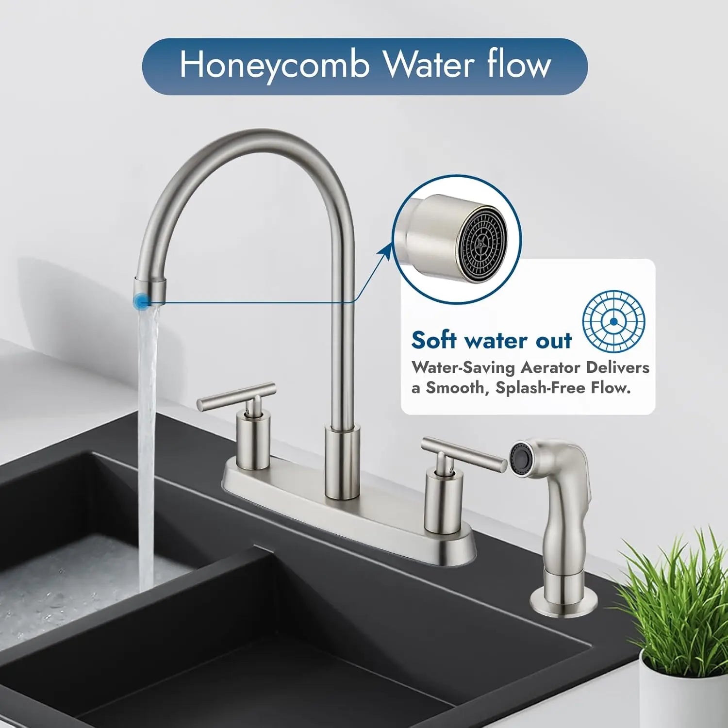 High Arc 360° Rotating Kitchen Faucet, 2-Handle, 8' Centerset, with Side Sprayer, Brushed Nickel