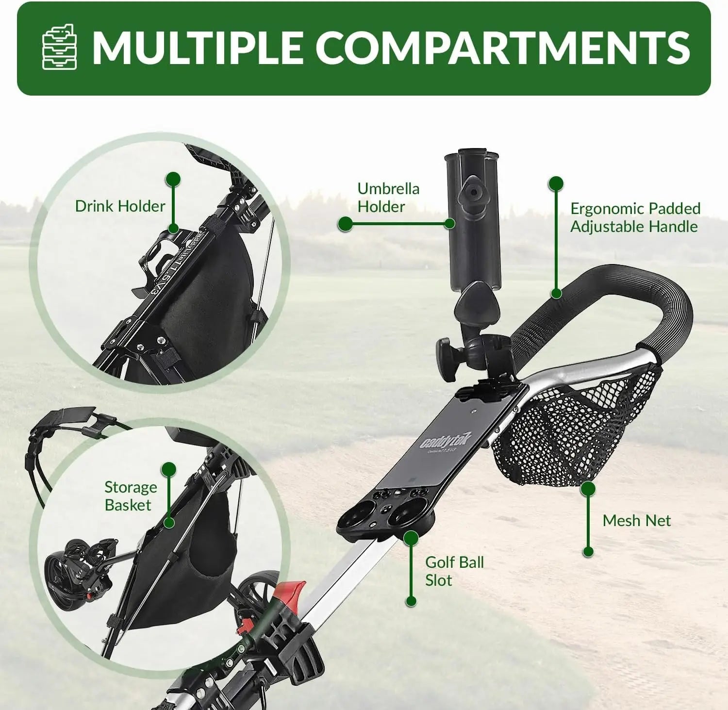 Lightweight Aluminum 3-Wheel Foldable Golf Push Cart with Adjustable Handle, Foot Brake & Accessories for Easy Storage