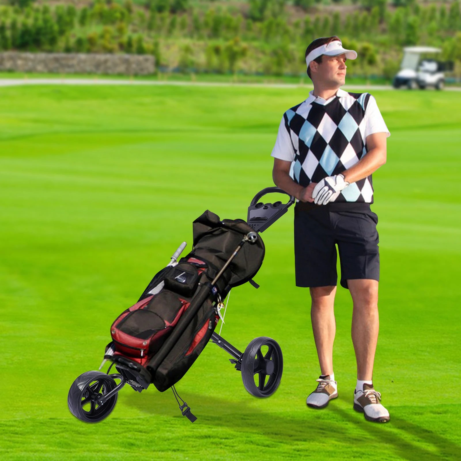 3 Wheel Foldable/Collapsible Golf Push Cart with Foot Brake Open and Close in ONE Second-Free Cup Holder Included