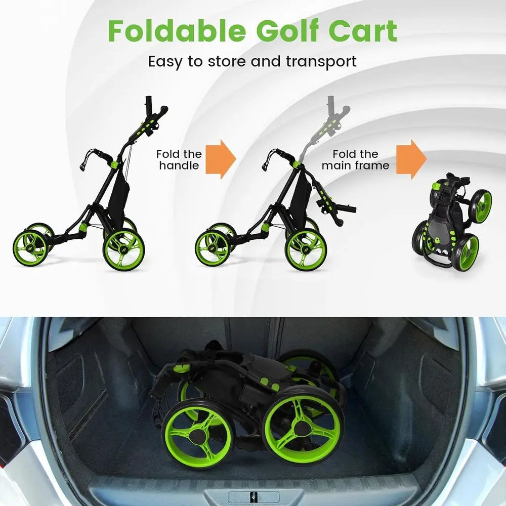 Compact Folding Golf Trolley with Scorecard Holder, Cup, Umbrella, and Bag Support, Cooler Bag, Elastic Strap, Foot Brake, Adjus