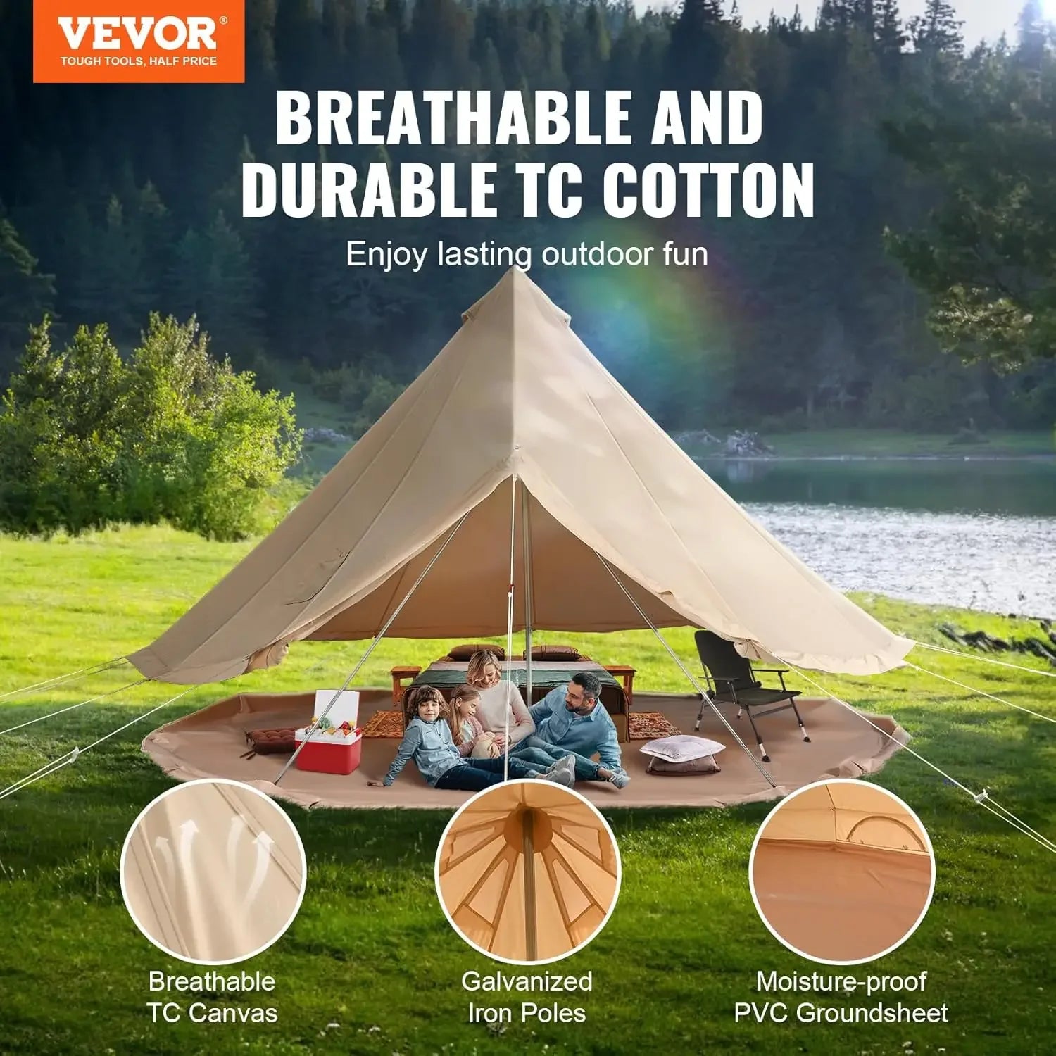 Canvas Tent Bell, Yurt 4 Seasons for Camping with Stove Jack, Breathable Holds up to 4 People, Family Camping Outdoor Hunting