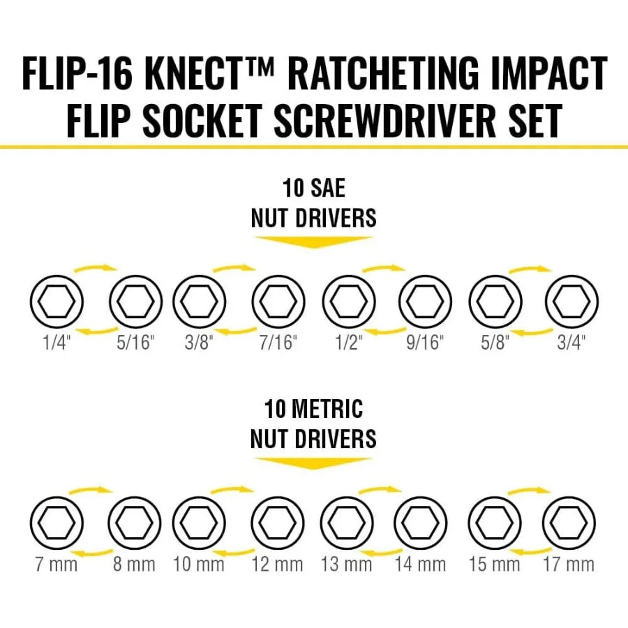 65242 KNECT Impact Socket Set Ratcheting Screwdriver Set 1/4-Inch Drive 4 SAE and 4 Metric Flip Sockets 16 Hex Size