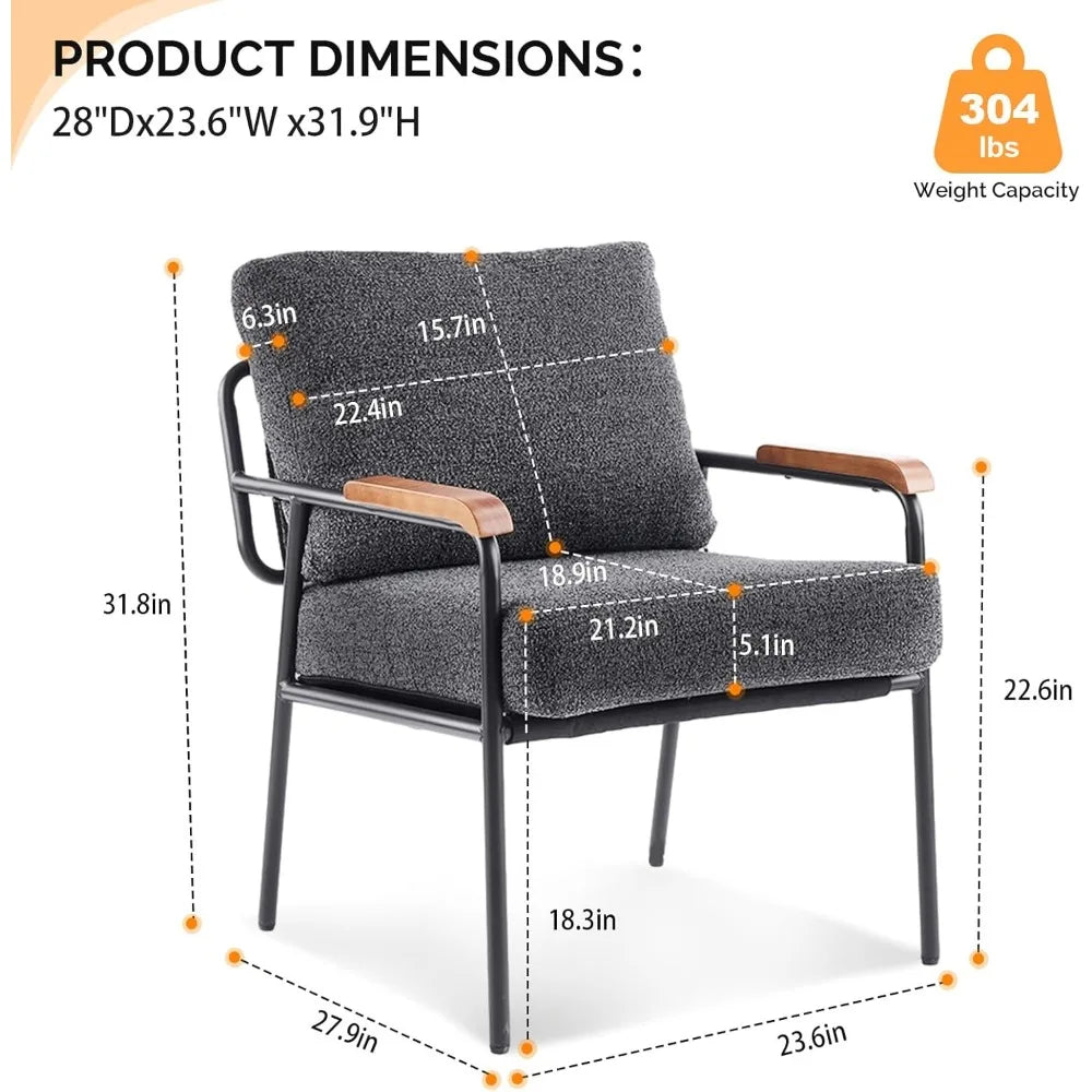 Mid-Century Modern Accent Armchiar for Small Space, Small Comfy Upholstered Leisure Reading Chair with Wood Armrest for B