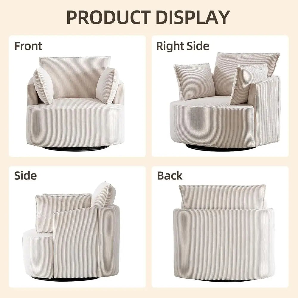 360° Swivel Barrel Chair with 3 Pillows, Corduroy Accent Armchair for Living Spaces, Beige