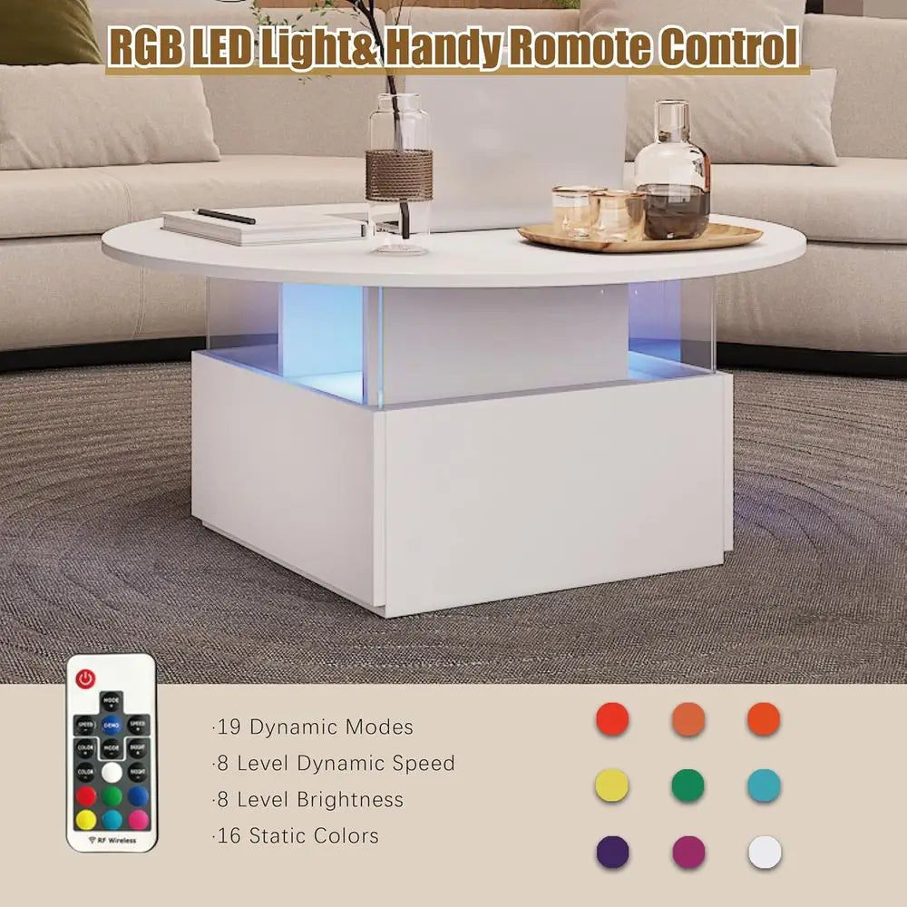 Round LED-Illuminated Living Room Table with Storage, Square Acrylic Coffee Table on Casters, Wooden Centerpiece for Dining in W