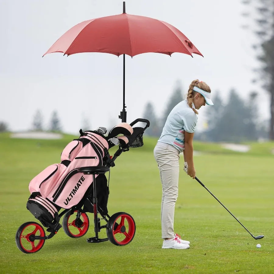 Lightweight Folding 3Wheel Golf Push Cart with Seat and Storage Bag for Easy Transport Featuring Foot Brake Adjustable Umbrella