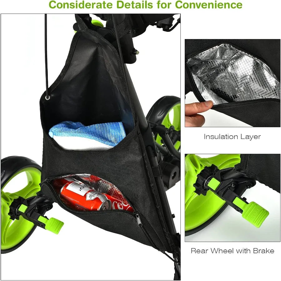 Height Adjustable Portable Golf Push Cart with Umbrella Holder Waterproof Bag Built-in Cooler Foot Brake for Easy Transport and