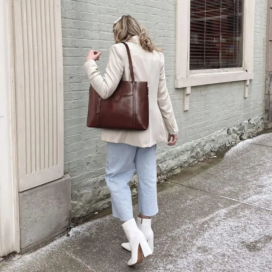 Genuine Leather Top Handle Satchel Daily Work Tote Shoulder Bag