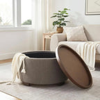 Round Storage Ottoman Coffee Table, Modern Boucle Ottoman with Lift-Off Lid and Solid Wood Legs for Living Room, Bedroom, Corner