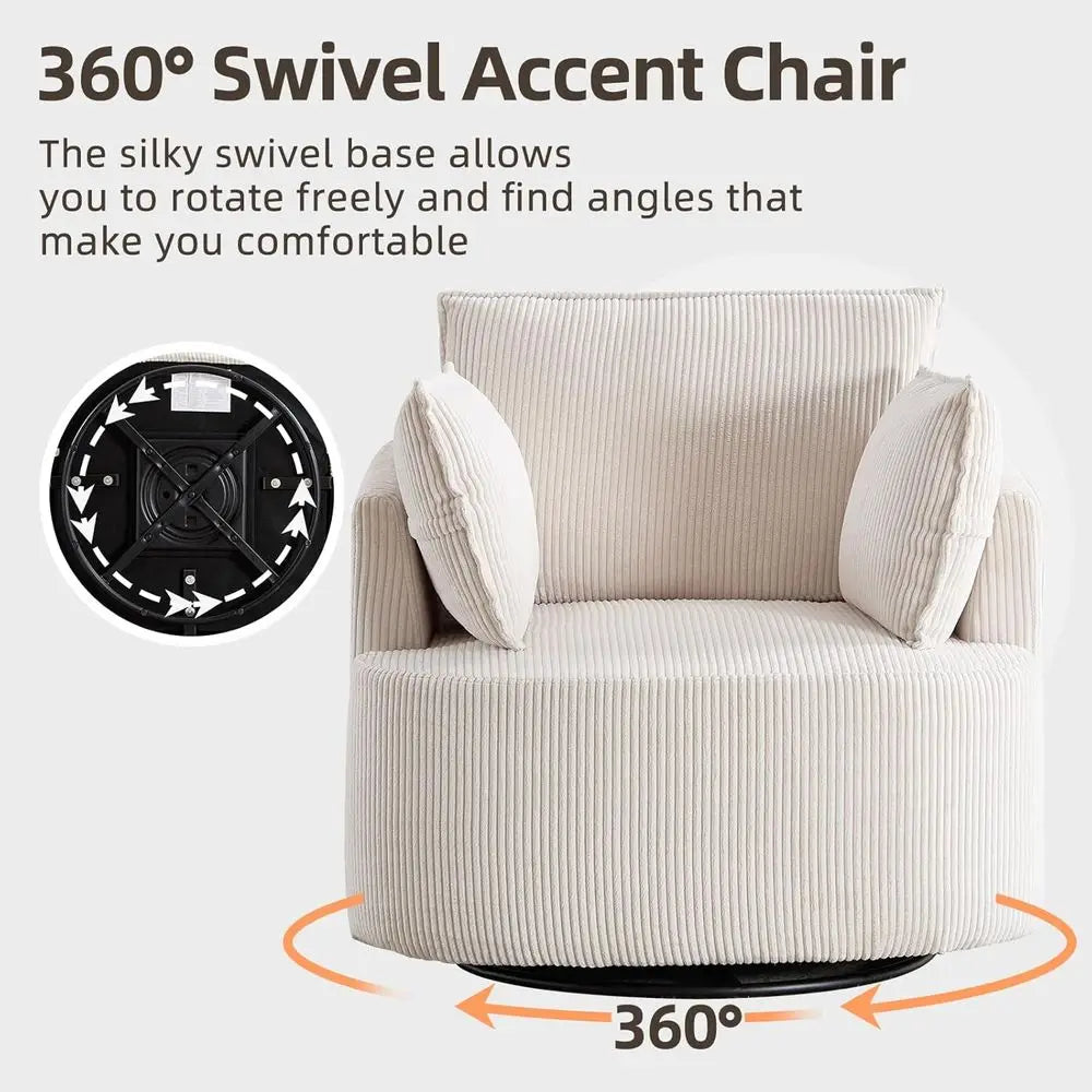 360° Swivel Barrel Chair with 3 Pillows, Corduroy Accent Armchair for Living Spaces, Beige