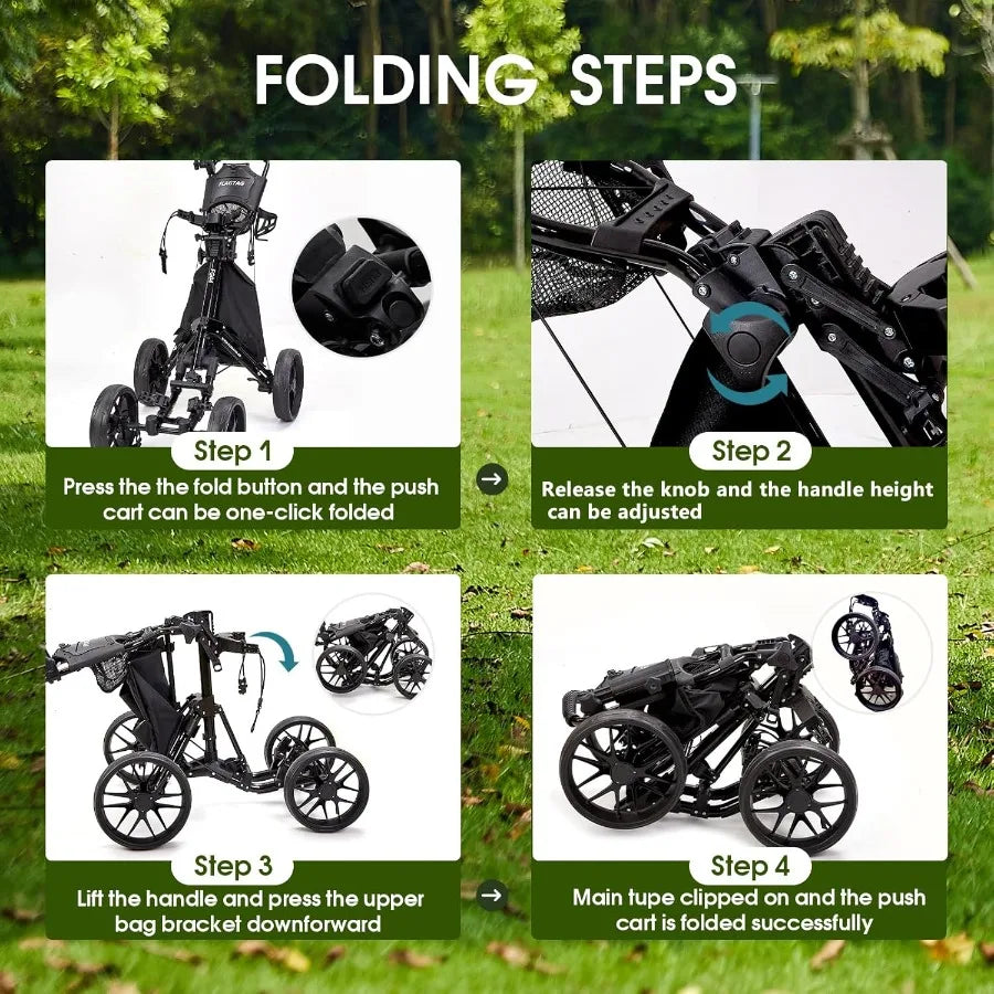 Golf Push Cart 4-WheelsFolding Golf Cart Golf Pull cart with Cup Holder Umbrella Holder Cooler Bag Foldable with one-Click Hand
