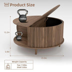 Round Coffee Table with Storage, 31.5" Fluted Center Table for Living Room, Modern Walnut Wood Circle Drum Table, Customized