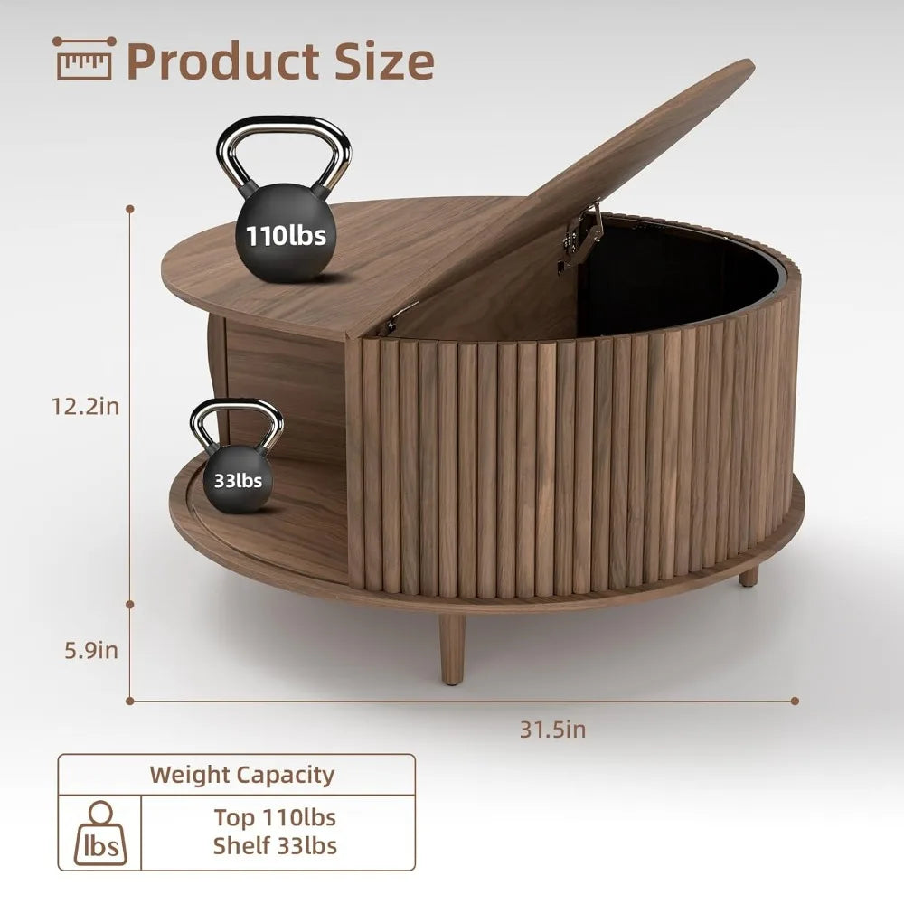 Round Coffee Table with Storage, 31.5" Fluted Center Table for Living Room, Modern Walnut Wood Circle Drum Table, Customized