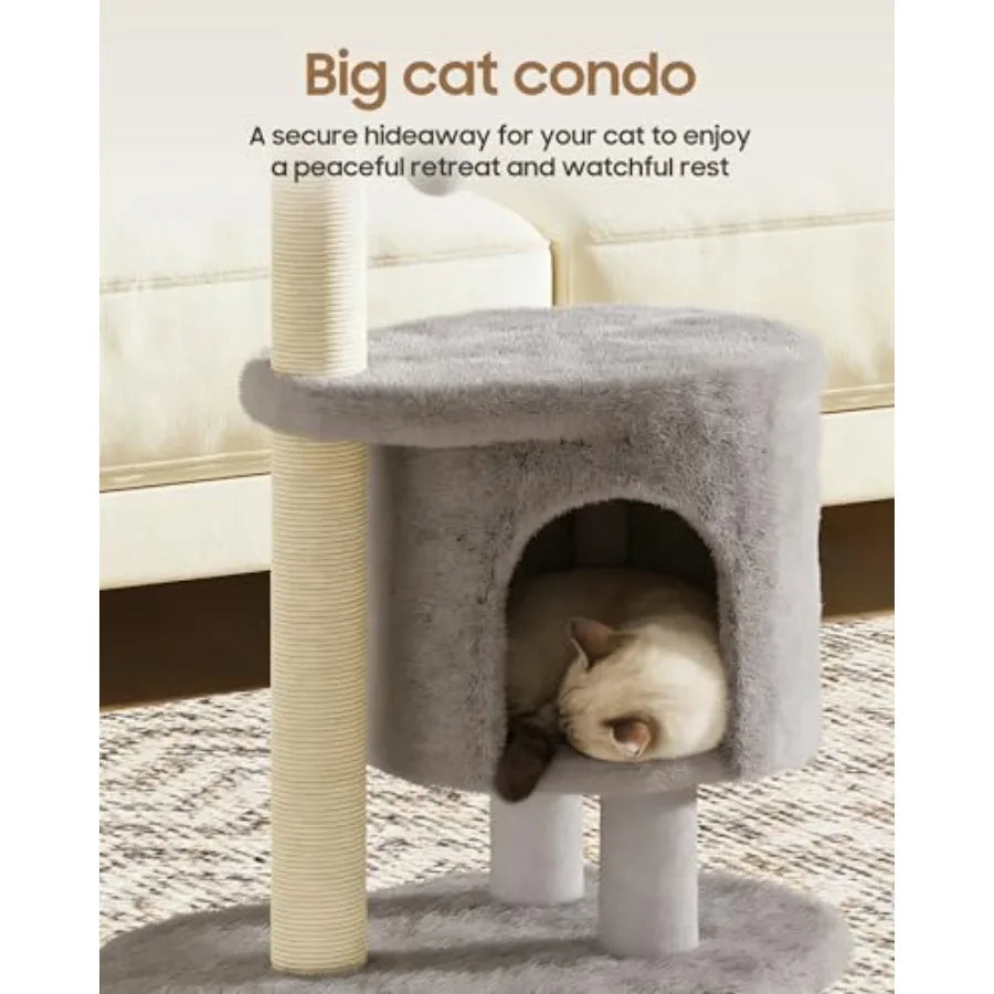 Cat Tree 34.3 Inches Cat Tower with Scratching Post Condo Interactive Hanging Ball Plush Perch for Indoor Large Cats Gray