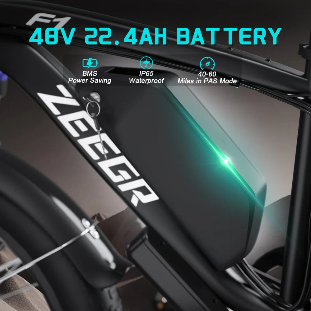 ZEEGR F1 Dual Motor 2000W E-Bike - 48V 26" Fat Tire Electric Bike Full Suspension, CE Certified Perfect for Snow Beach Winter