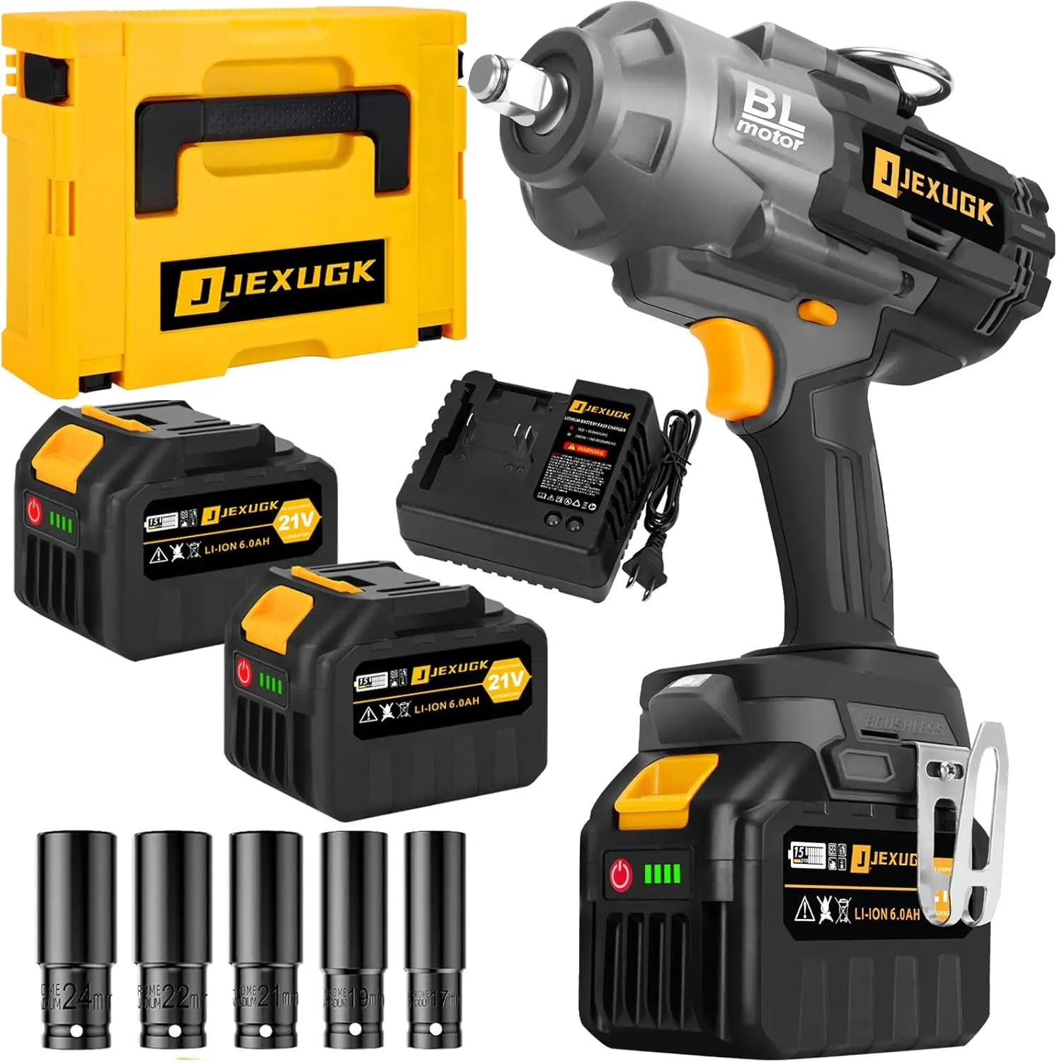 21V Brushless Impact Wrench 1500Ft-Lbs, 2x6.0Ah Battery, 5-Socket, High Torque Cordless Impact Gun for Heavy Duty
