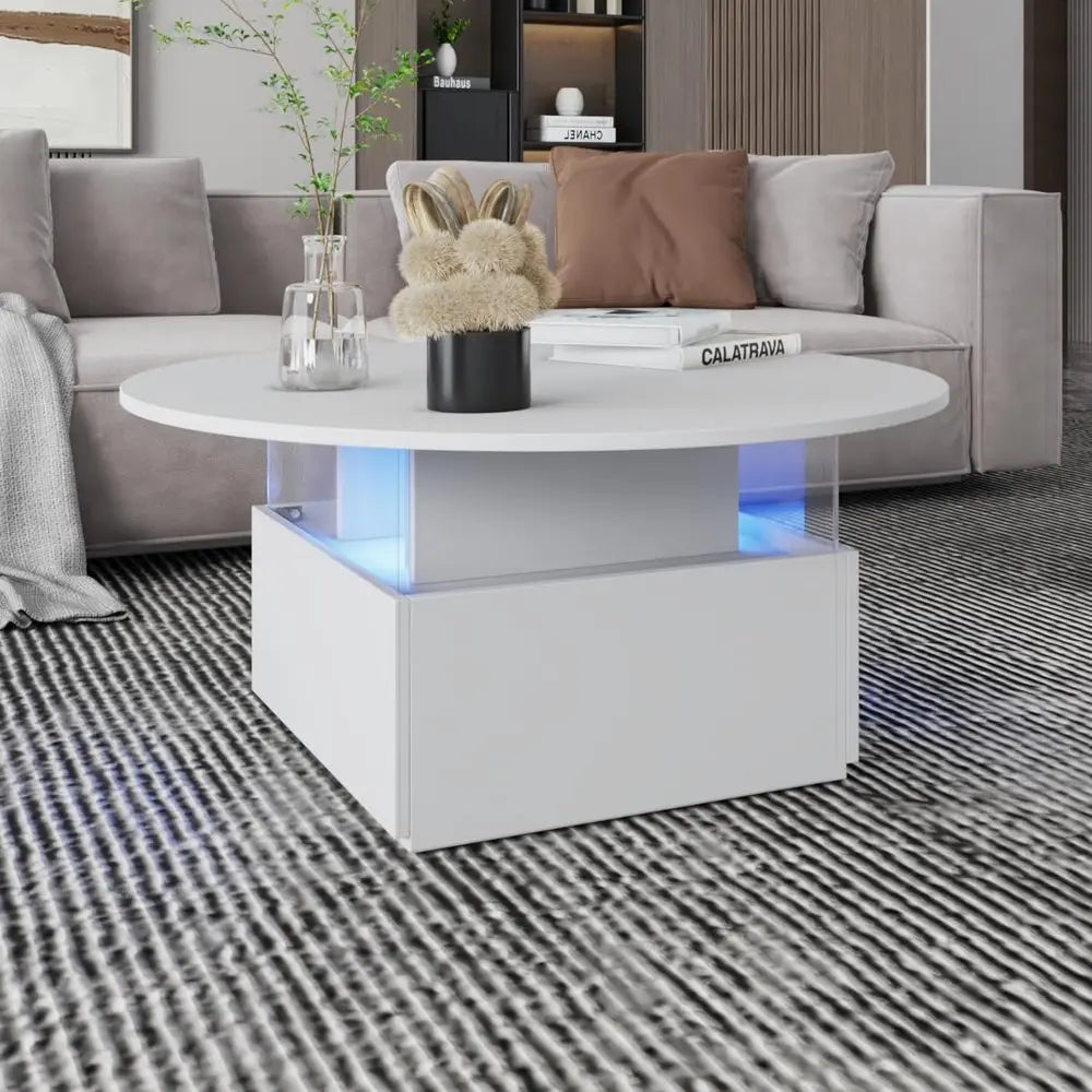Round LED-Illuminated Living Room Table with Storage, Square Acrylic Coffee Table on Casters, Wooden Centerpiece for Dining in W