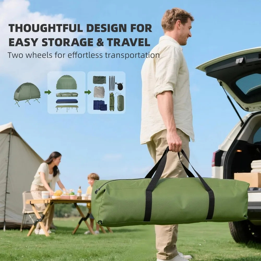 Camping Tent Cot, 6-in-1 Folding Tent Cot Combo with Mattress, Pillow, Sleeping Bag, Bed Cover, Roller Carrying Bag
