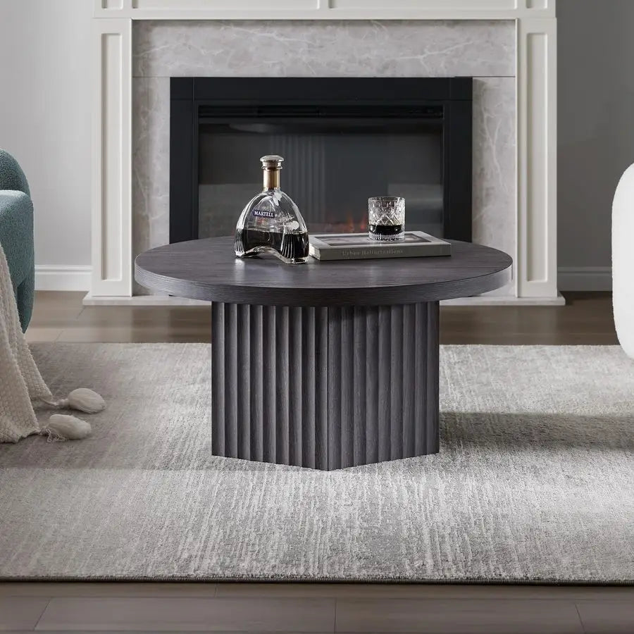 Round Coffee Table for Living Room, Mid Century Modern Fluted Center Coffee Table with Storage, 32 Circle Accent Tea Dining Tabl