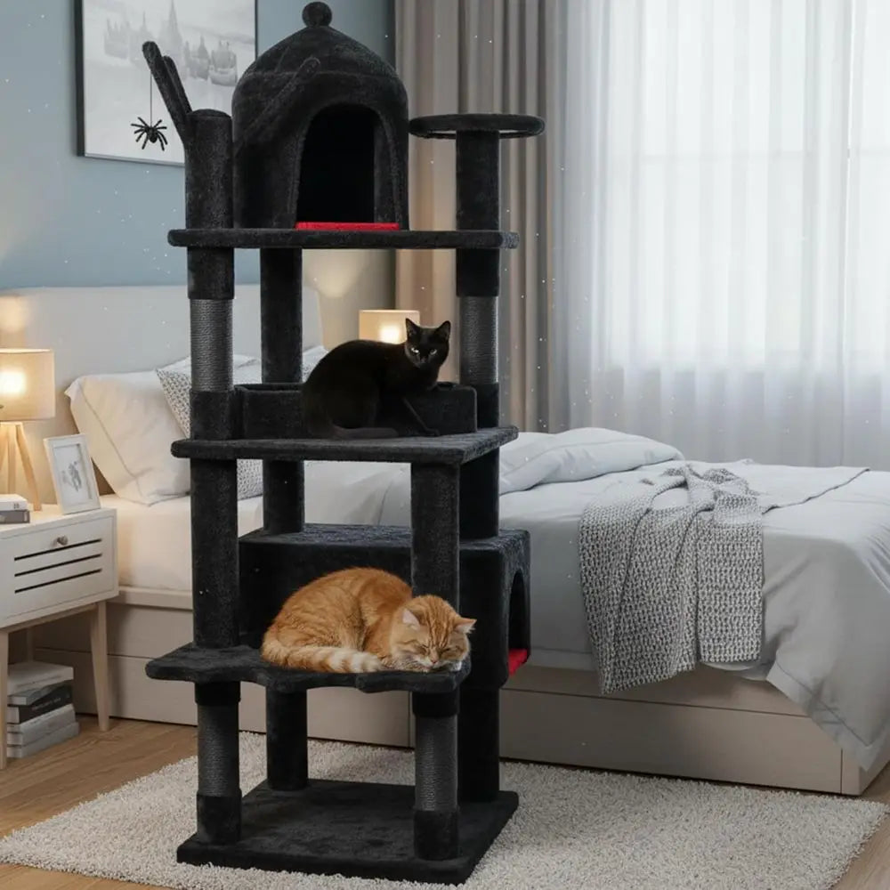 Large 63 Gothic-Style Cat Tower with Coffin Bed, Cat Houses, Scratching Posts for Cats Over 20 lbs, Black & Red