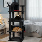 Large 63 Gothic-Style Cat Tower with Coffin Bed, Cat Houses, Scratching Posts for Cats Over 20 lbs, Black & Red
