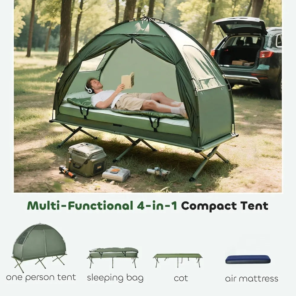 Camping Tent Cot, 6-in-1 Folding Tent Cot Combo with Mattress, Pillow, Sleeping Bag, Bed Cover, Roller Carrying Bag