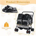 Double Pet Stroller Foldable Double Dog Stroller with 2-Seater Carrier Adjustable Sunshade Removable Pad Safety Belt Storage Ba