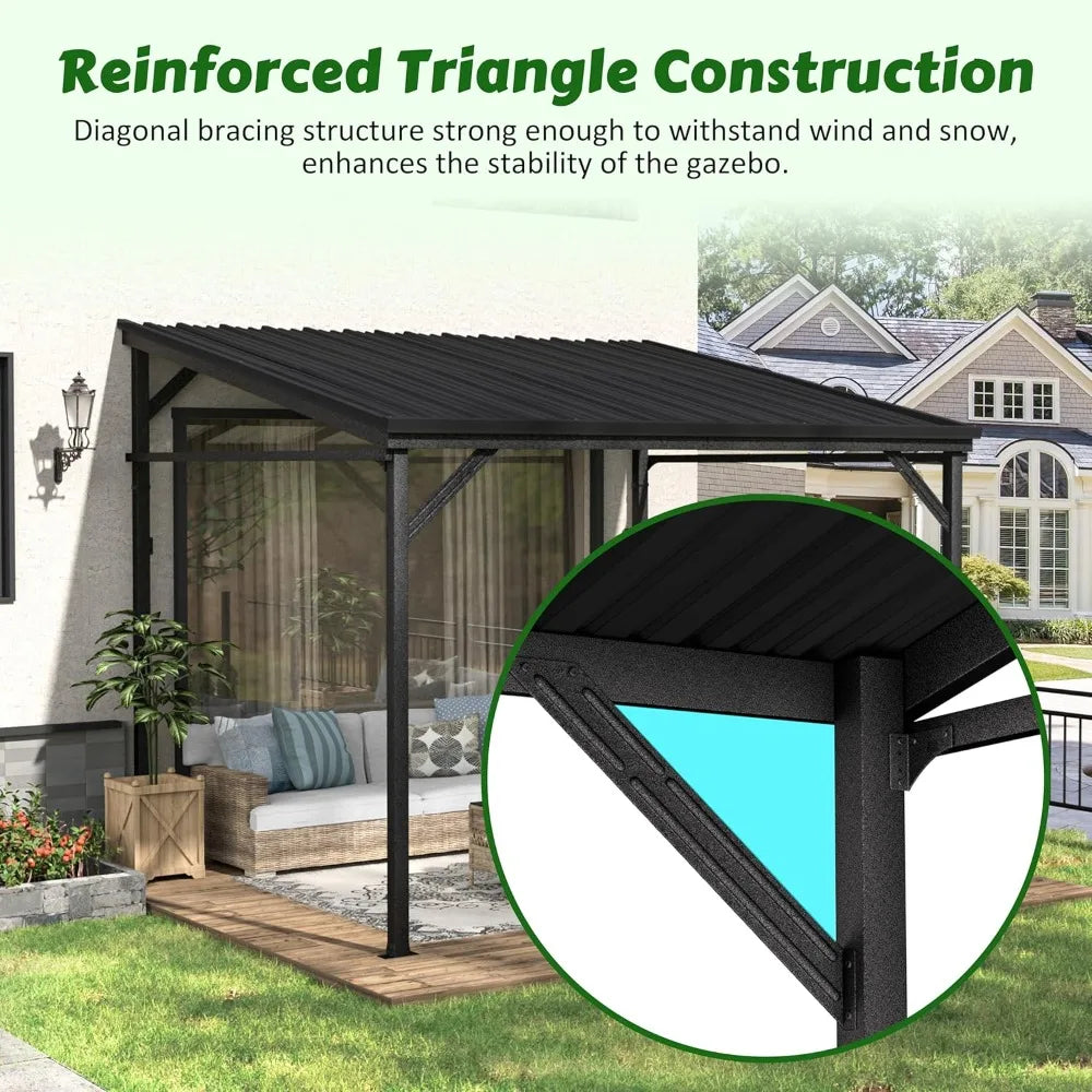 8x10 FT Wall-Mounted Lean-to Gazebo, Iron Roof Outdoor Pergola with Drainage System & Triangle Structure, Outdoor Patio Lean-to