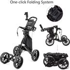 Golf Push Cart 4-WheelsFolding Golf Cart Golf Pull cart with Cup Holder Umbrella Holder Cooler Bag Foldable with one-Click Hand
