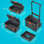 Tool Box Stackable Storage System - 3 Piece Set Small Deep Toolbox and Rolling Tote Steer Wheeled Unit Using The Ergonomic