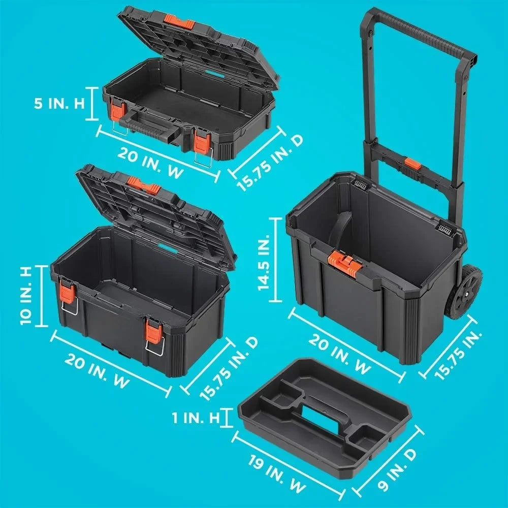 Tool Box Stackable Storage System - 3 Piece Set Small Deep Toolbox and Rolling Tote Steer Wheeled Unit Using The Ergonomic