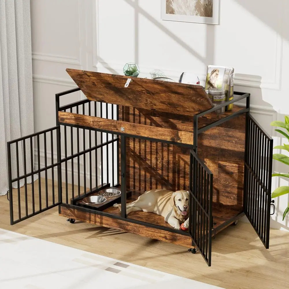 45 Inch XL Dog Crate with Stainless Steel Bowls, Heavy Duty Indoor Kennel, Wooden Dog Crate Table for Home Decor