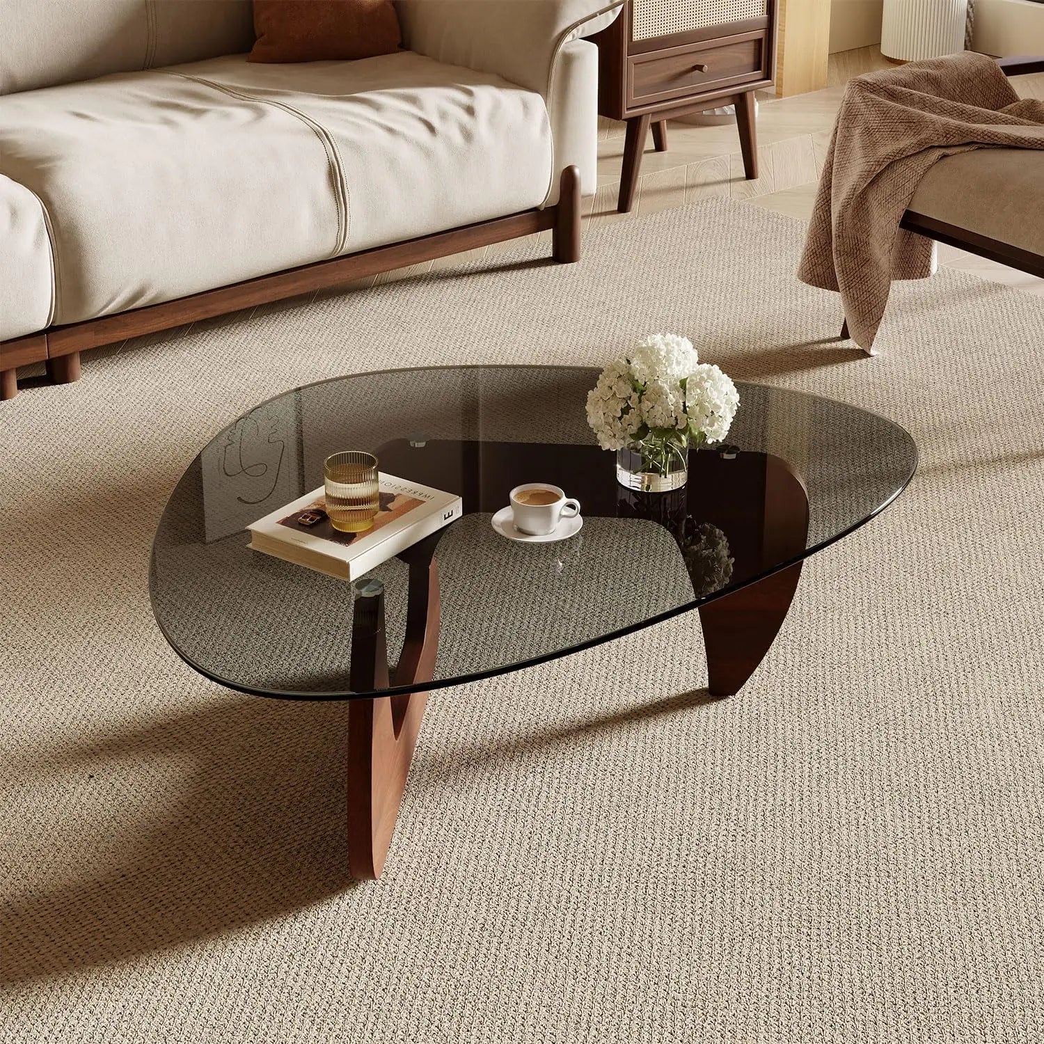 Modern Triangle Coffee Table for Living Room, Small Spaces, Tempered Glass Top & Eco-Friendly MDF Base, Walnut Finish