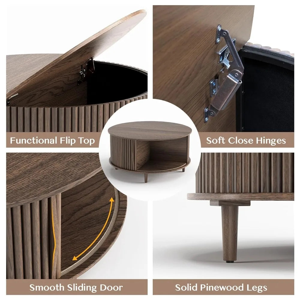 Round Coffee Table with Storage, 31.5" Fluted Center Table for Living Room, Modern Walnut Wood Circle Drum Table, Customized