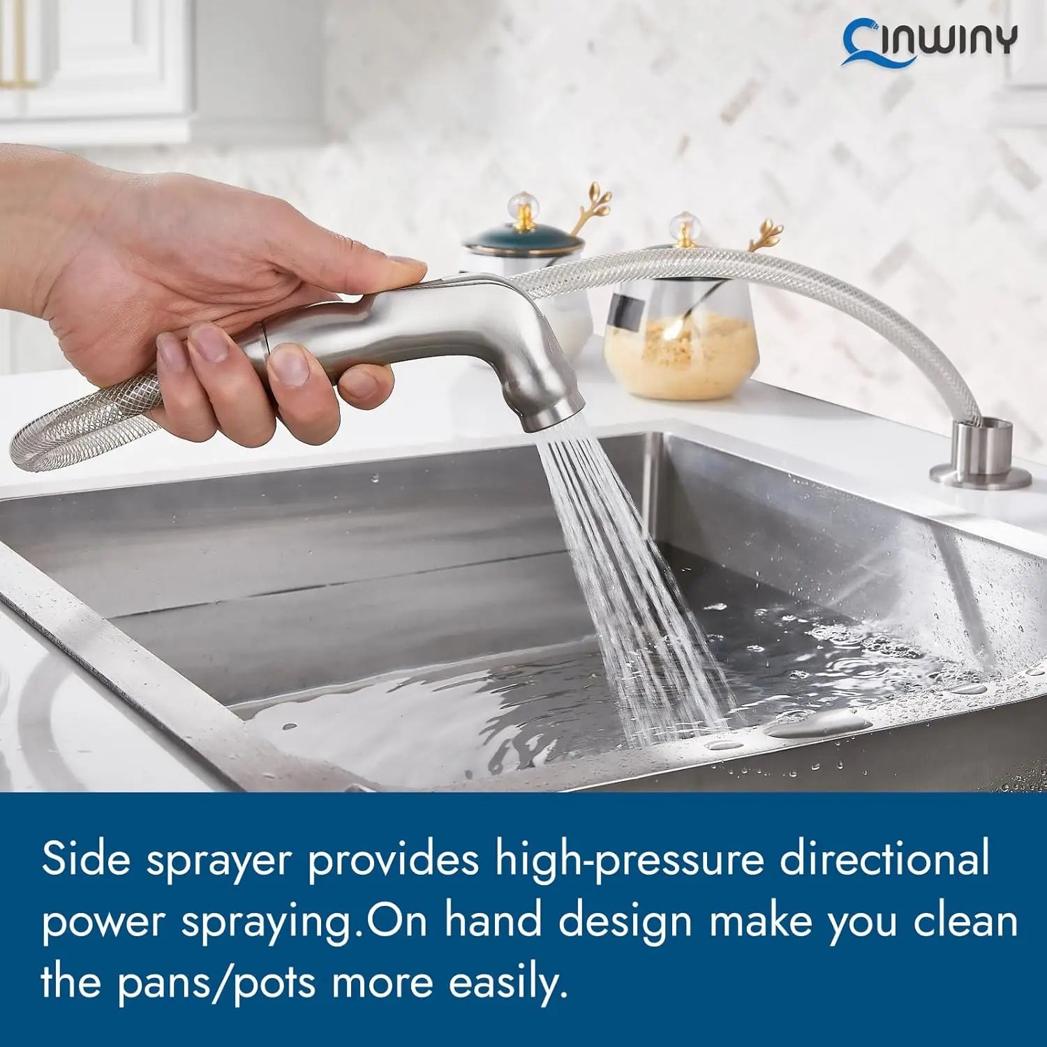 High Arc 360° Rotating Kitchen Faucet, 2-Handle, 8' Centerset, with Side Sprayer, Brushed Nickel