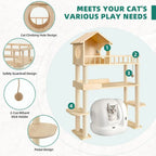 60.2 High Self-Cleaning Litter Box Cat Tree, Multi-Level Wooden Cat Tower with Scratching Post, House, Burlywood