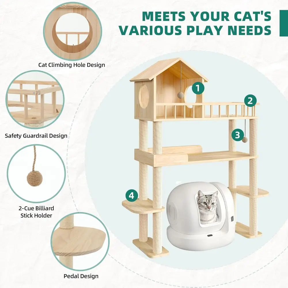 60.2 High Self-Cleaning Litter Box Cat Tree, Multi-Level Wooden Cat Tower with Scratching Post, House, Burlywood