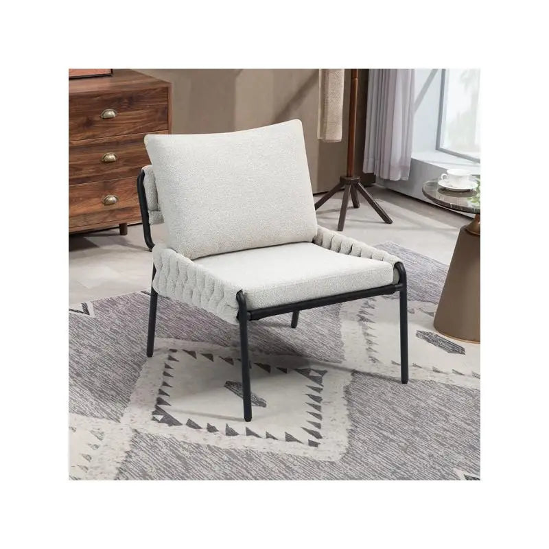 Modern Accent Lounge Chair, Braided Upholstery, Metal Frame, Comfortable Armchair for Living Room or Bedroom, Soft Cushioned
