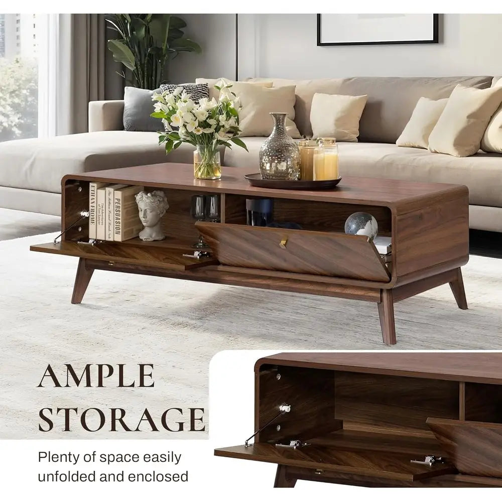 47 Century Modern Coffee Table with Storage, Live Edge Wood Center Table for Living Room