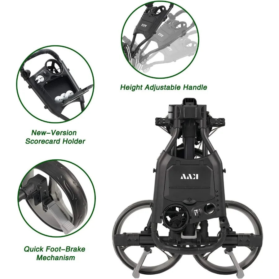 3 Wheel Compact Flat Folding Design Golf Push-Pull Cart with Lightweight and Sturdy Aluminum Frame