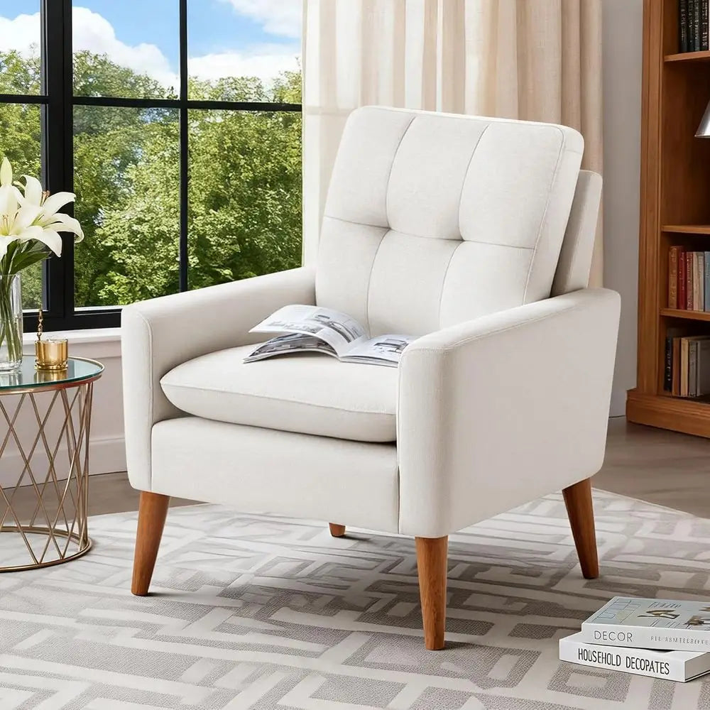 Accent Chair, -Century ern Upholstered Armchair, Comy Reading Soa Chair or Living Room, Bedroom, Aparent, White