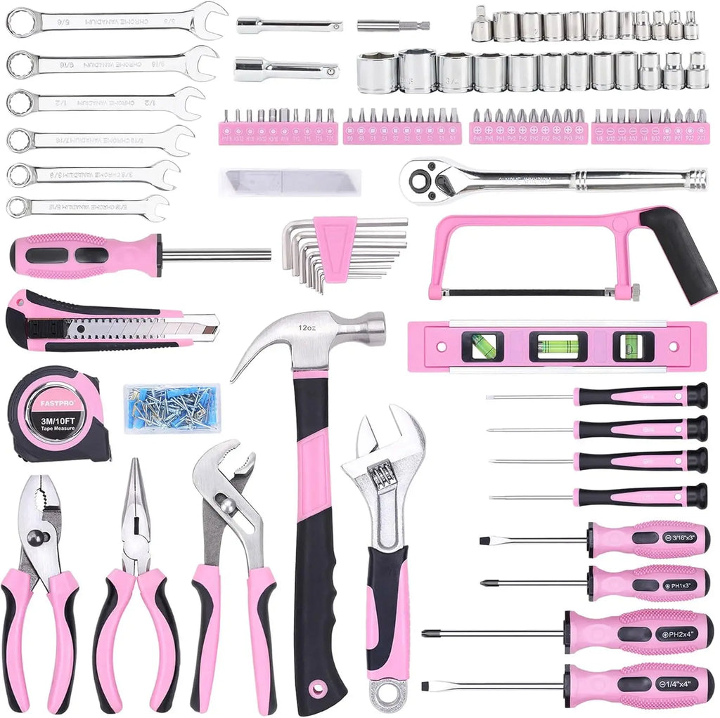 198-Piece Pink Tool Set with Toolbox, SAE Hand Tool Kit for DIY & Home Repair