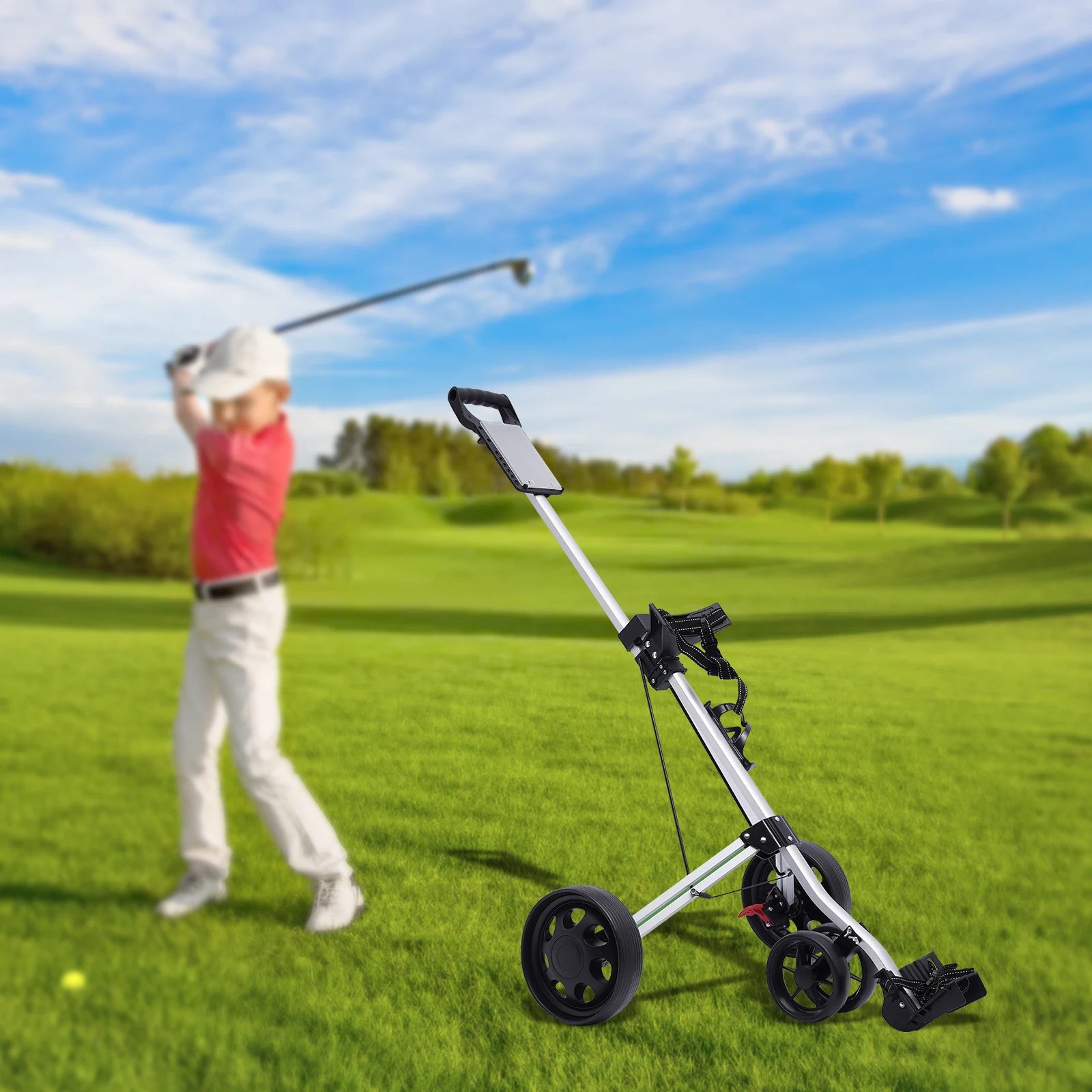 Foldable Portable 3 Wheel Versatile Golf Push Cart Foot Brake with Water Bottle Holder for Golf Courses, Gyms, Schools NEW