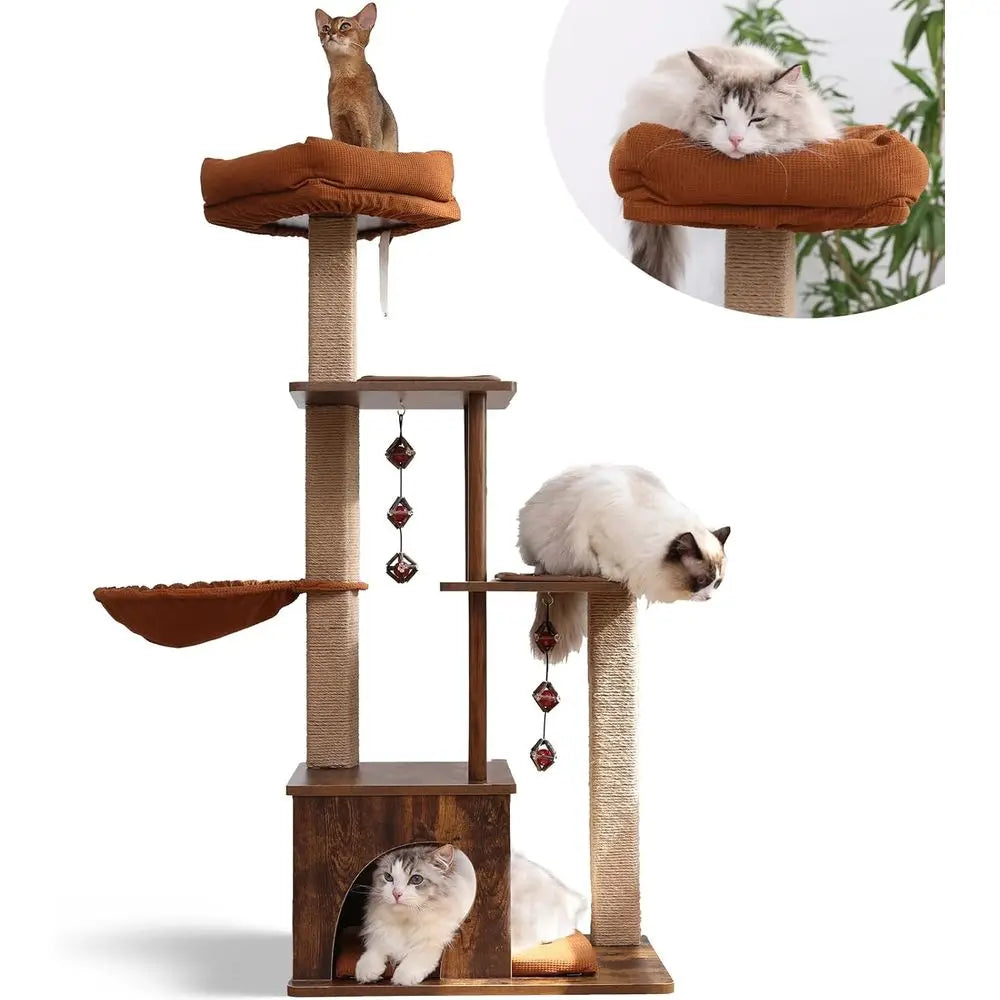 Large 4-in-1 Modern Cat Tower with Jute Scratching Post, Hammock, and Silvervine Balls, Brown Wood Cat Condo for Indoor Playhous