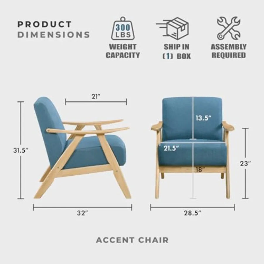 Mid Century Modern Accent Chair with Solid Wood Frame in Natural Finish Textured Fabric Living Room Lounge Arm Chair Thick and