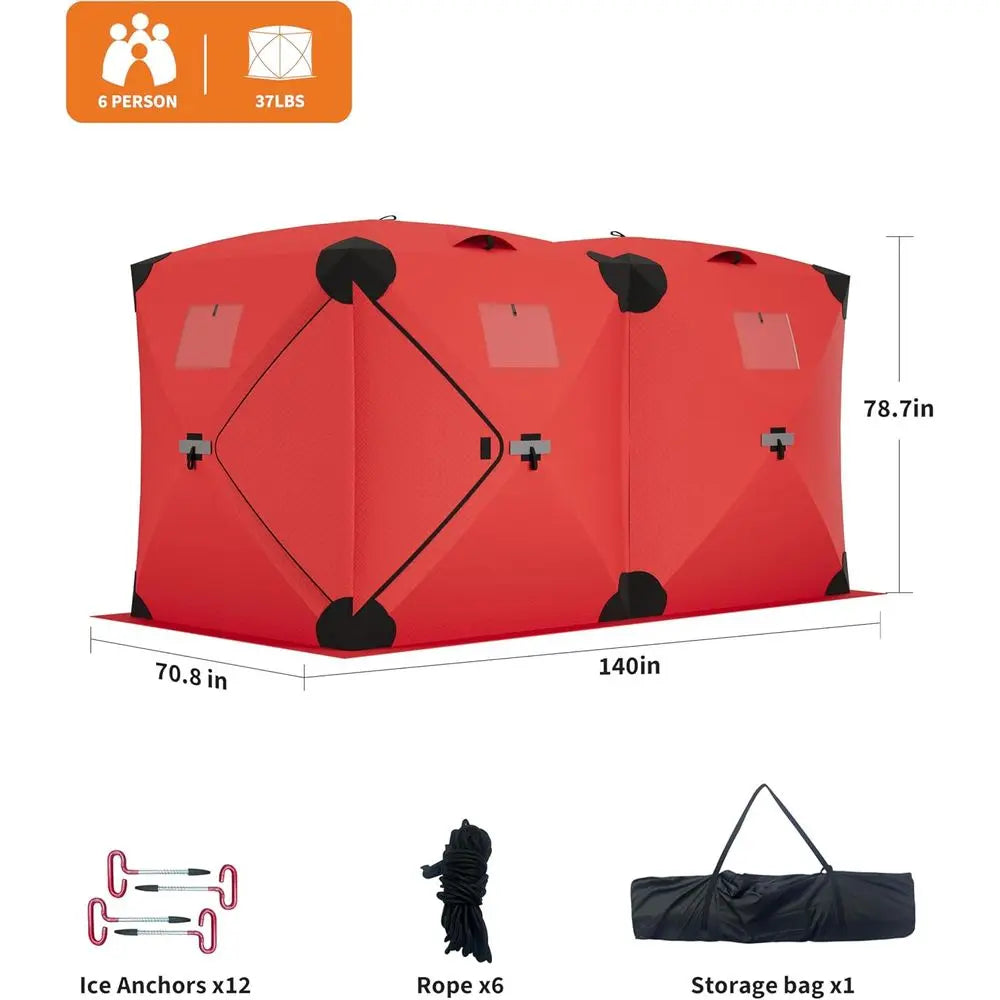 Portable Insulated Ice Fishing Tent - Windproof & Warm, 6-8 Person, Red, 6x11.7x6.6 ft