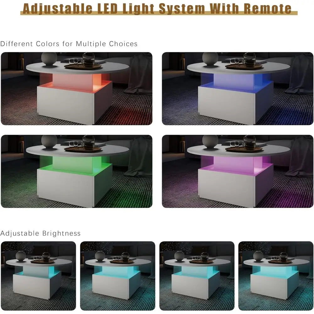 Round LED-Illuminated Living Room Table with Storage, Square Acrylic Coffee Table on Casters, Wooden Centerpiece for Dining in W